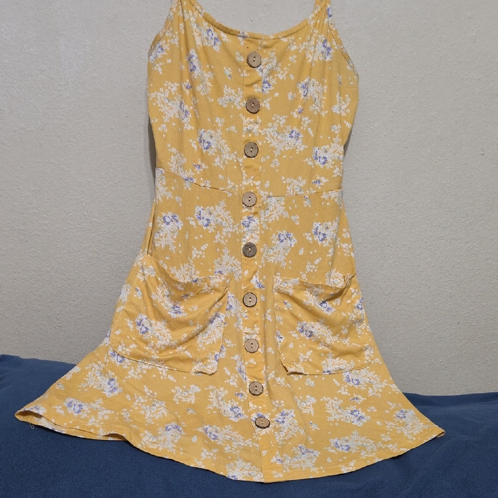 Almost Famous Yellow Floral Button-Front Sundress with Pockets